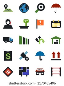 Color and black flat icon set - route vector, navigation, earth, important flag, store, satellite, support, car delivery, term, receipt, consolidated cargo, umbrella, up side sign, warehouse, search