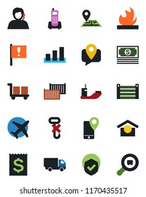 Color and black flat icon set - navigation vector, important flag, plane, cash, office phone, support, mobile tracking, sea shipping, cargo container, car delivery, receipt, warehouse storage