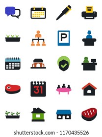 Color and black flat icon set - parking vector, reception, hierarchy, pen, meeting, manager place, house, seedling, term, shield, dialog, calendar, printer, cafe building, steak