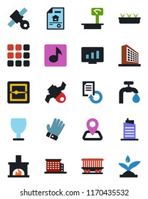 Color and black flat icon set - office building vector, statistic monitor, document reload, glove, seedling, navigation, railroad, satellite, fragile, heavy scales, menu, scanner, music, estate