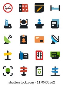Color and black flat icon set - no smoking vector, reception, document reload, signpost, office phone, satellite antenna, radio, mail, sim, notes, face id, news, paper binder, bedroom, pass card