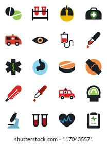 Color and black flat icon set - heart pulse vector, doctor case, blood test vial, dropper, thermometer, microscope, pills, tomography, ambulance star, car, stomach, lungs, eye, joint, clipboard