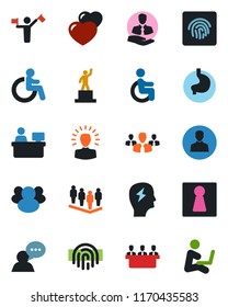 Color and black flat icon set - dispatcher vector, female, disabled, pedestal, team, brainstorm, manager place, stomach, client, speaker, group, heart, user, fingerprint id, meeting, shining head
