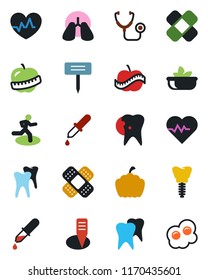 Color and black flat icon set - plant label vector, pumpkin, heart pulse, stethoscope, dropper, patch, run, lungs, tooth, caries, implant, diet, salad, omelette