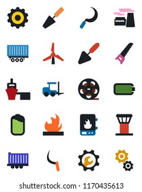 Color and black flat icon set - airport tower vector, fork loader, gear, factory, trowel, saw, sickle, truck trailer, sea port, flammable, reel, battery, root setup, windmill, water heater