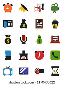 Color and black flat icon set - alarm clock vector, abacus, money bag, film frame, tv, video camera, microphone, call, office phone, fireplace, rolling pin, outdoor lamp, fridge, sand