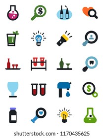 Color and black flat icon set - blood test vial vector, heart diagnostic, ampoule, fragile, search cargo, torch, water supply, client, alcohol, phyto bar, money, idea, flask