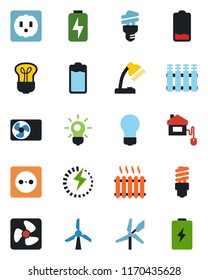 Color and black flat icon set - bulb vector, battery, low, charge, desk lamp, heater, air conditioner, home control, socket, fan, radiator, energy saving, windmill