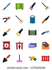 Color and black flat icon set - security gate vector, safe, trowel, rake, wheelbarrow, pruner, saw, scalpel, cargo container, oil barrel, paper clip, knife, radiator