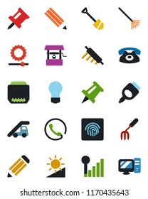 Color and black flat icon set - ladder car vector, drawing pin, bulb, job, pencil, garden fork, rake, well, hdmi, brightness, fingerprint id, cellular signal, phone, rolling, pc