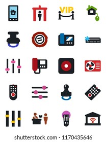 Color and black flat icon set - passport control vector, security gate, stamp, settings, remote, rec button, tuning, air conditioner, vip zone, home, intercome, app, garage