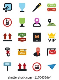 Color and black flat icon set - no mobile vector, laptop, vip, pen, plant label, navigation, fragile, up side sign, hook, cut, sale, menu, open close, paper plane