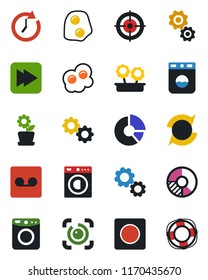 Color and black flat icon set - circle chart vector, fast forward, record, eye id, update, target, washer, flower in pot, omelette, gear, clock, crisis management