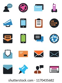 Color and black flat icon set - mobile phone vector, speaking man, mail, office, loudspeaker, network, cell, speaker, paper pin, message, clipboard, schedule