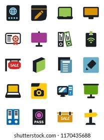 Color and black flat icon set - passport vector, office binder, document, monitor, notes, photo gallery, presentation board, blank box, notebook pc, sale, pass card, certificate, guidepost