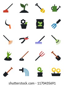 Color and black flat icon set - job vector, flower in pot, garden fork, shovel, farm, rake, watering can, sproute, pruner, hoe, sickle, fertilizer