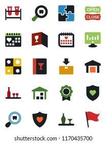 Color and black flat icon set - statistic monitor vector, blood test vial, heart shield, medical calendar, warehouse, package, search cargo, application, sertificate, alcohol, wine card, open close