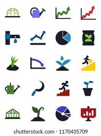 Color and black flat icon set - seedling vector, watering can, sproute, sickle, greenhouse, fertilizer, drip irrigation, pie graph, point, career ladder, growth, crisis, presentation
