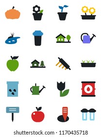 Color and black flat icon set - flower in pot vector, seedling, watering can, plant label, pumpkin, seeds, tulip, oil barrel, house with tree, pond, rolling pin, apple fruit, water filter