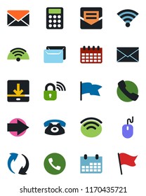 Color and black flat icon set - phone vector, right arrow, mail, mouse, calendar, call, update, download, wireless, calculator, lock, flag