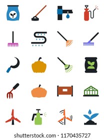 Color and black flat icon set - fence vector, garden fork, rake, hoe, sickle, pumpkin, greenhouse, sprayer, fertilizer, drip irrigation, windmill