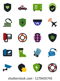 Color and black flat icon set - plane radar vector, alarm car, safe, glove, boot, hose, heart shield, traffic light, protect, intercome, home, surveillance, crisis management