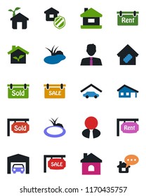 Color and black flat icon set - house vector, pond, with garage, sale, rent, sold signboard, estate agent, smart home, insurance, eco, message
