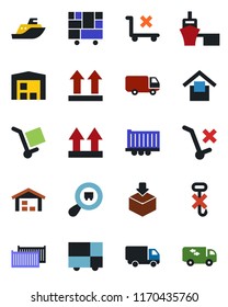 Color and black flat icon set - sea shipping vector, truck trailer, cargo container, car delivery, port, consolidated, warehouse storage, up side sign, no trolley, hook, package, search, moving