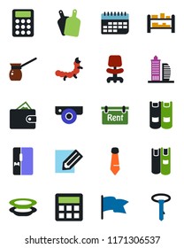 Color and black flat icon set - office chair vector, book, tie, pencil, caterpillar, term, rack, calculator, rent, building, fridge, plates, cutting board, turkish coffee, web camera, wallet, flag