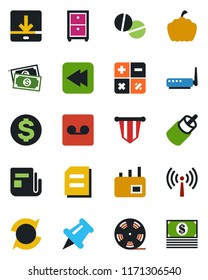 Color and black flat icon set - antenna vector, dollar sign, calculator, pennant, document, pumpkin, pills, cash, reel, news, paper pin, rewind, rca, record, download, update, archive box, mail