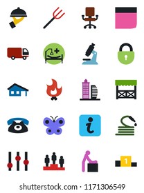 Color and black flat icon set - baby room vector, lock, pedestal, farm fork, butterfly, fire, hose, microscope, hospital bed, car delivery, settings, blank box, house with garage, office building