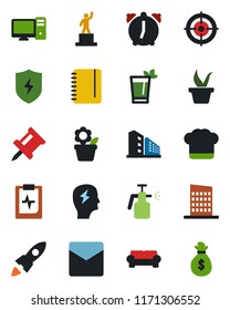 Color and black flat icon set - pedestal vector, notepad, brainstorm, flower in pot, seedling, garden sprayer, pulse clipboard, protect, alarm, mail, drawing pin, target, office building, city house