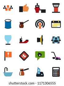 Color and black flat icon set - airport tower vector, lawn mower, important flag, sea shipping, term, port, fragile, flammable, oil barrel, speaker, radio phone, finger up, hr, bathroom, wireless