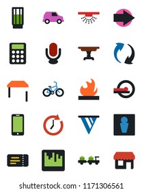 Color and black flat icon set - male vector, ticket, right arrow, baggage larry, mobile phone, tomography, bike, flammable, microphone, update, scanner, calculator, table, drink, sprinkler, clock
