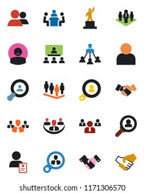 Color and black flat icon set - handshake vector, pedestal, team, patient, group, user, company, meeting, hierarchy, client search, consumer