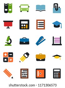 Color and black flat icon set - airport bus vector, checkroom, book, calculator, graduate, abacus, presentation board, microscope, case, paper clip, pencil, stapler