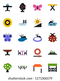 Color and black flat icon set - cafe vector, butterfly, lady bug, sun, pond, picnic table, brightness, pool, fruit tree, mountains, restaurant, alcove
