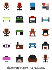 Color and black flat icon set - cafe vector, office chair, desk, bench, fireplace, bedroom, children room, cushioned furniture, restaurant table, alcove, fridge