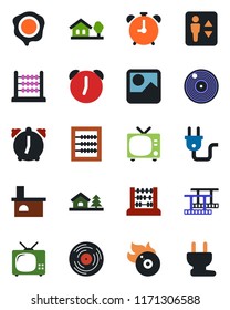 Color and black flat icon set - elevator vector, alarm clock, tv, abacus, stamp, fireplace, film frame, vinyl, flame disk, gallery, house with tree, power plug
