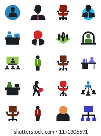 Color and black flat icon set - reception vector, manager, place, client, user, office chair, desk, hierarchy, company, estate agent