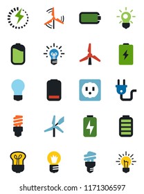 Color and black flat icon set - bulb vector, battery, low, charge, windmill, socket, power plug, energy saving, idea