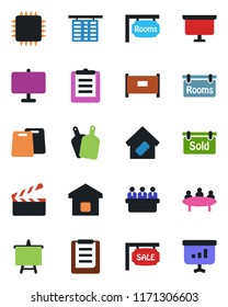 Color and black flat icon set - fence vector, flight table, presentation board, meeting, clipboard, clapboard, sale, rooms, sold signboard, smart home, cutting, chip