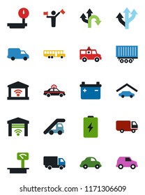 Color and black flat icon set - dispatcher vector, airport bus, alarm car, ladder, ambulance, route, truck trailer, delivery, heavy scales, garage, gate control, battery