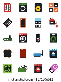 Color and black flat icon set - washer vector, calculator, speaker, phone back, sim, credit card, home control, chip, remote, router, usb flash