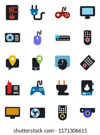 Color and black flat icon set - mouse vector, mobile tracking, gamepad, remote control, monitor, radio phone, air conditioner, power plug, water heater, web camera