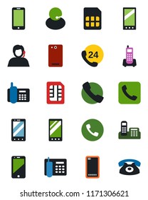 Color and black flat icon set - phone vector, mobile, office, 24 hours, support, cell, back, call, sim