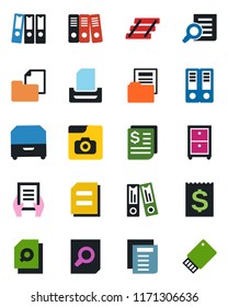 Color and black flat icon set - office binder vector, document search, receipt, folder, photo gallery, paper, tray, archive box, usb flash