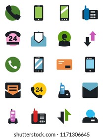 Color and black flat icon set - phone vector, mobile, office, 24 hours, cell, radio, mail, call, data exchange, support