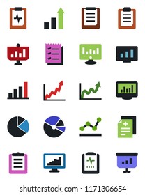 Color and black flat icon set - growth statistic vector, monitor, diagnosis, pulse clipboard, statistics, bar graph, pie, checklist, point, presentation