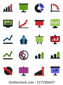 Color and black flat icon set - growth statistic vector, presentation board, crisis graph, monitor, circle chart, statistics, bar, point, arrow up